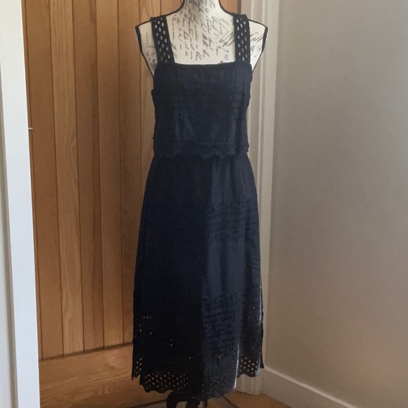 J Crew Women's Sleeveless Tiered Eyelet Square Neck Cotton Midi Dress Black 4 - Picture 8 of 8